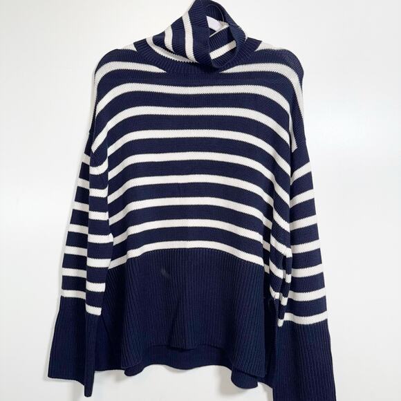 GAP NWT 24/7 Split‑Hem Stripe Turtleneck Sweater Women’s Medium 100% Cotton Navy - Picture 6 of 12
